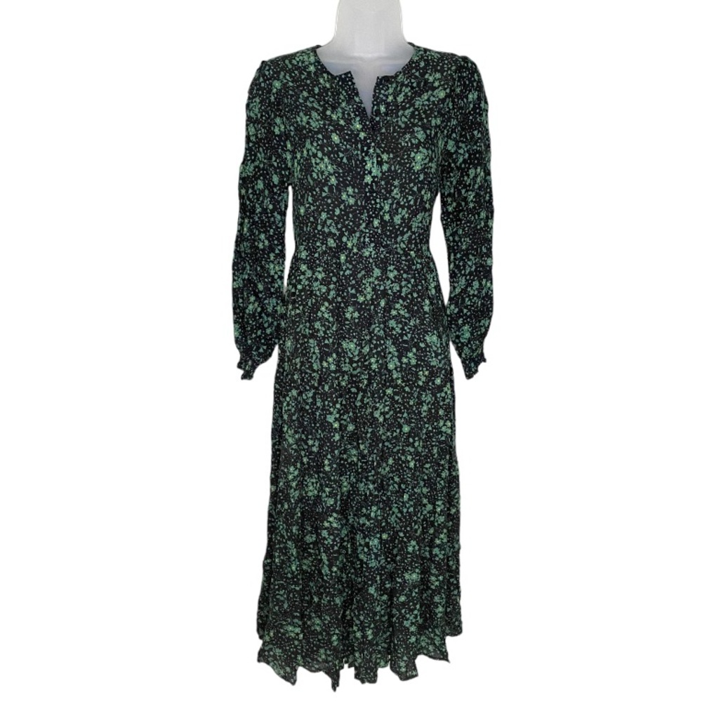 ZARA Green and Black Floral Print Midi Dress